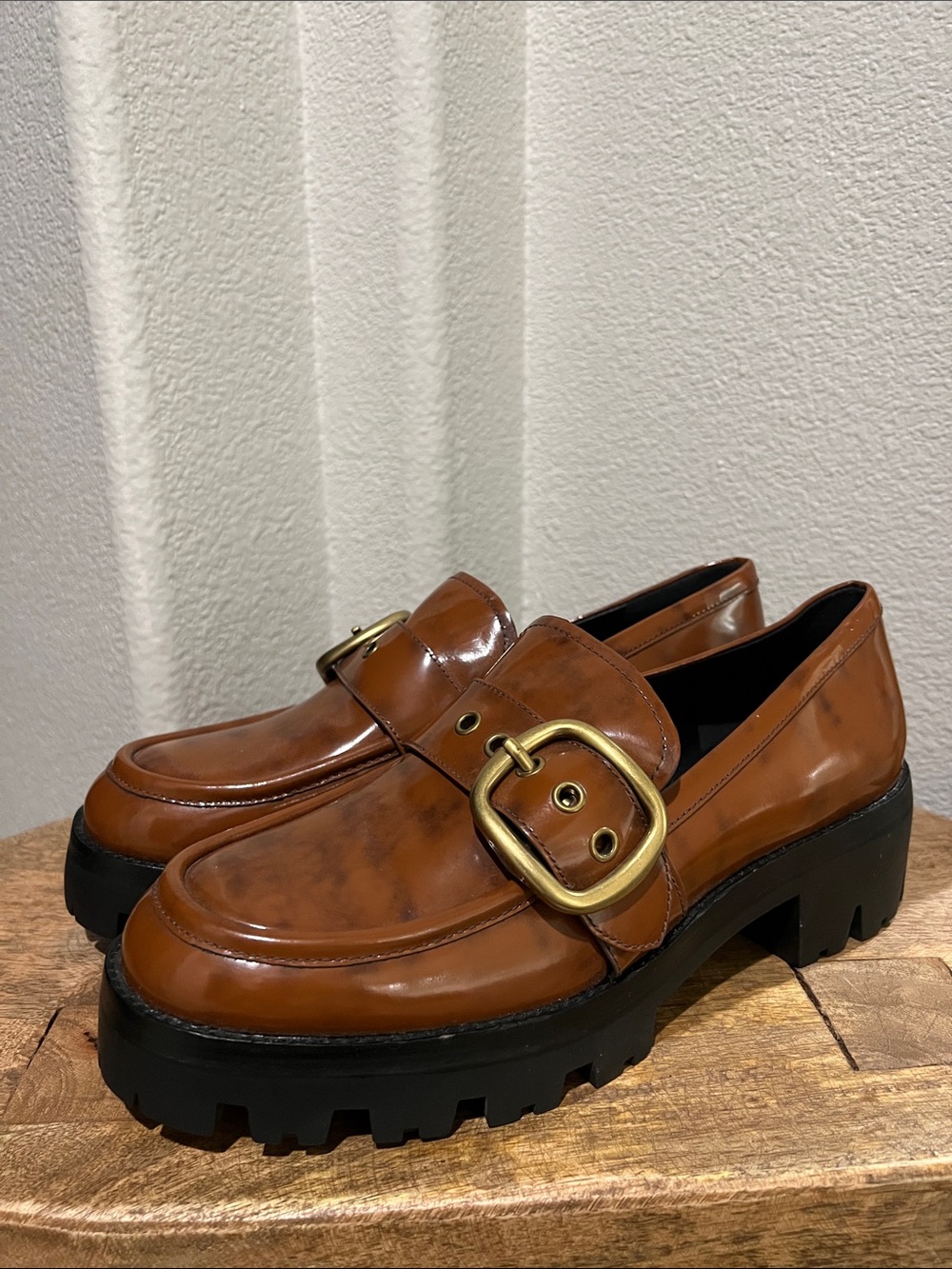 Coach Patent Platform Loafers with Brass Buckle